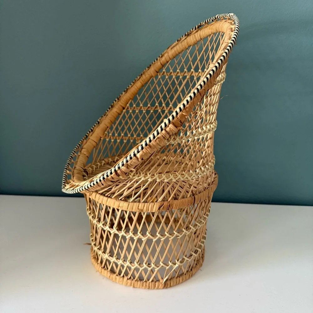 Vintage Wicker Woven Peacock Chair Rattan Woven Doll Chair Plant Stand